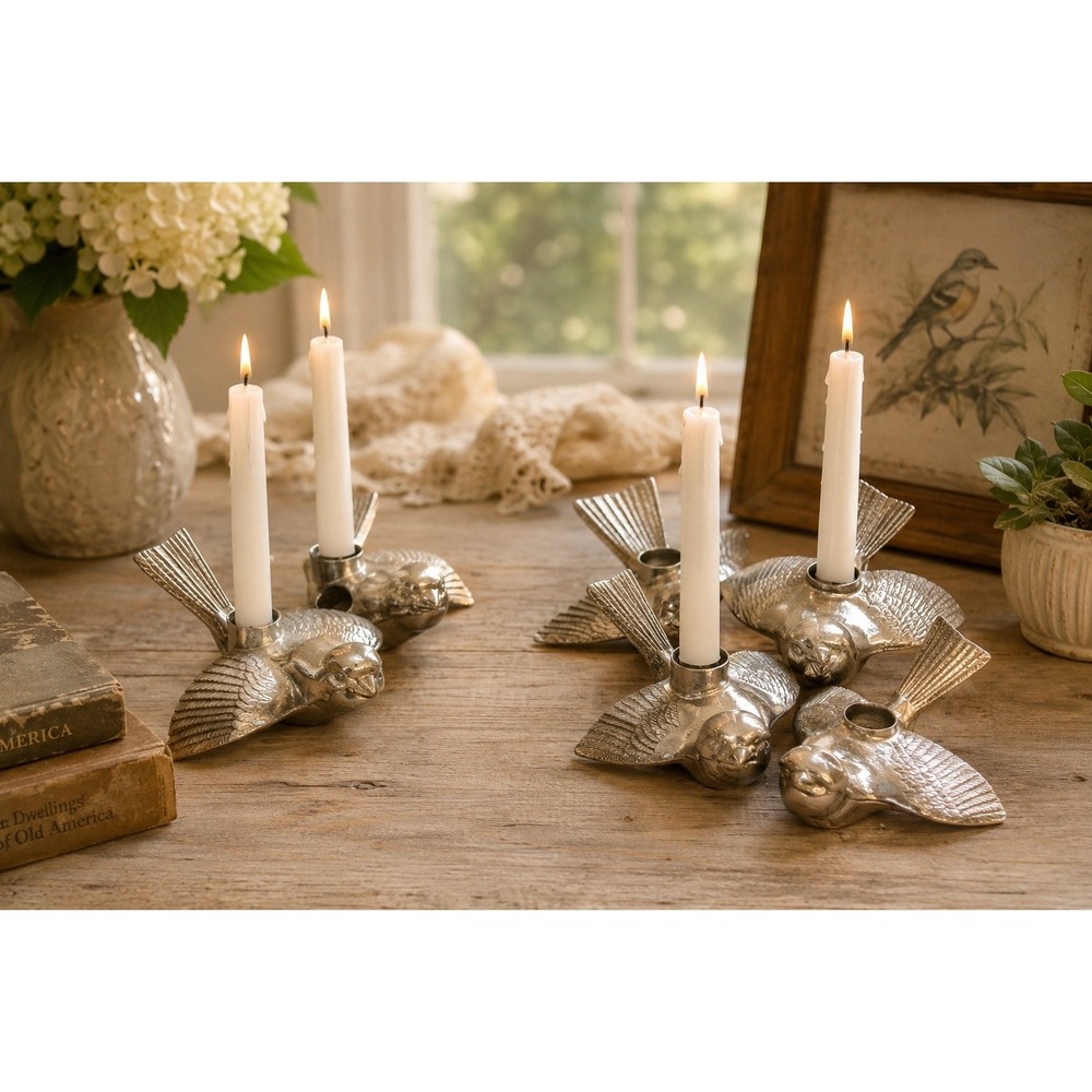 Vintage Bronze Spatz Bird Taper Candle Holders Set 4 Mid Century Sparrow Decor‎